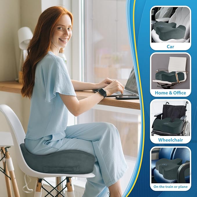 BlissTrends Seat Cushion,Thick Memory Foam Cushions for Office Chair, Car Seat, Airplane, Relieving Pressure Tailbone Sciatica Back Pain for Office Workers, Car Drivers 4.7in Thick DarkGreen