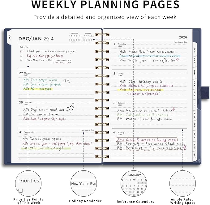 AHGXG 2026 Planner, Weekly and Monthly, Jan 2026 - Dec 2026, 12 Months, 2026 Calendar Planner Book with Tabs for Men Women School Home Office Supplies, A5 (6" X 8.38"), Blue
