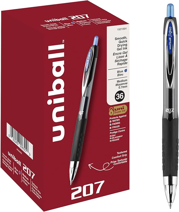 uni-ball 207 Retractable Gel Pens, Medium Point (0.7mm), Blue, 36 Count