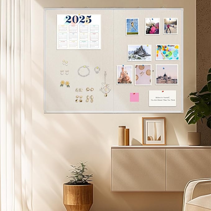 Double-Sided Large Cork Board with Linen, 48" x 36" Foldable Hanging Aluminum Framed Bulletin Board, Vision Board Pin Board Corkboards for Walls, Office, School Decor, 20 Pushpins