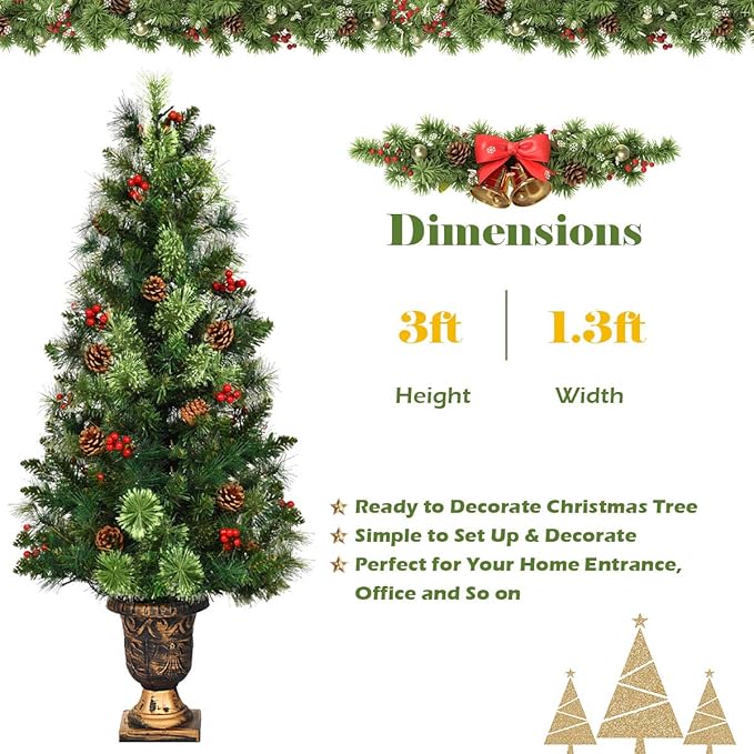 HAPPYGRILL 3FT Pre-Lit Artificial Christmas Tree with Urn Base, Artificial Xmas Tree with 100 Branch Tips, 40 Warm White Lights, Pine Cones, Red Berries, Front Door Porch Entryway Christmas Tree