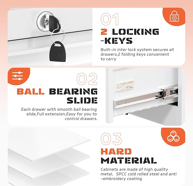 INTERGREAT Lateral File Cabinet 2 Drawer, Metal 2 Drawer White Filing Cabinet with Lock for Home Office, Locking File Cabinets for Letter/Legal/F4/A4 Size Hanging Files, Easy Assembly
