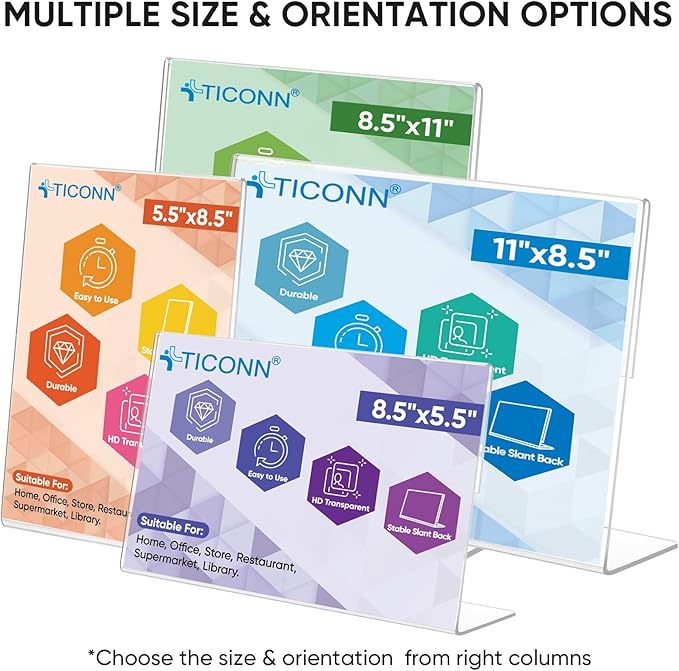 TICONN 11 x 8.5 Acrylic Sign Holder, L Shape Clear Sign Stand for Displaying, Plastic Paper Holder for Office, Store, Restaurant (Horizontal 3 Pack)