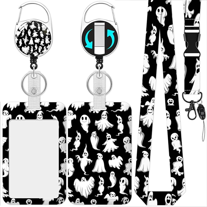 Halloween Lanyards with Id Holder, Cute Ghost ID Badge Holder with Retractable Lanyard, ID Holder with Badge Reel Clips, Name Tag ID Card Holder Teacher Women Doctor Office Gift