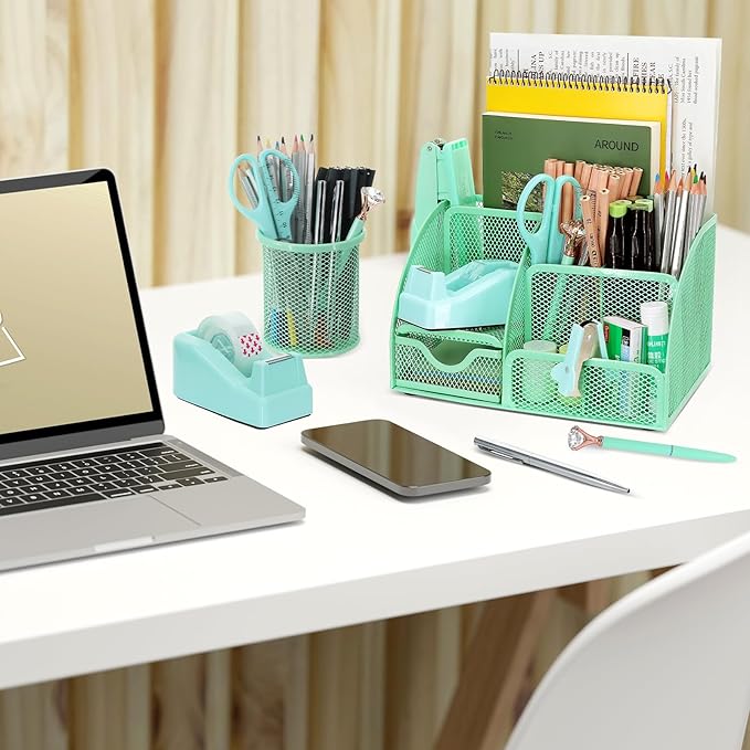 13-in-1 Office Desk Organizer Set with Stapler and Tape Dispenser, Pen Holder, Scissors, Ruler, Hole Punch, 2 Pens & More Desktop Accessories for Back to School Supplies (Green)