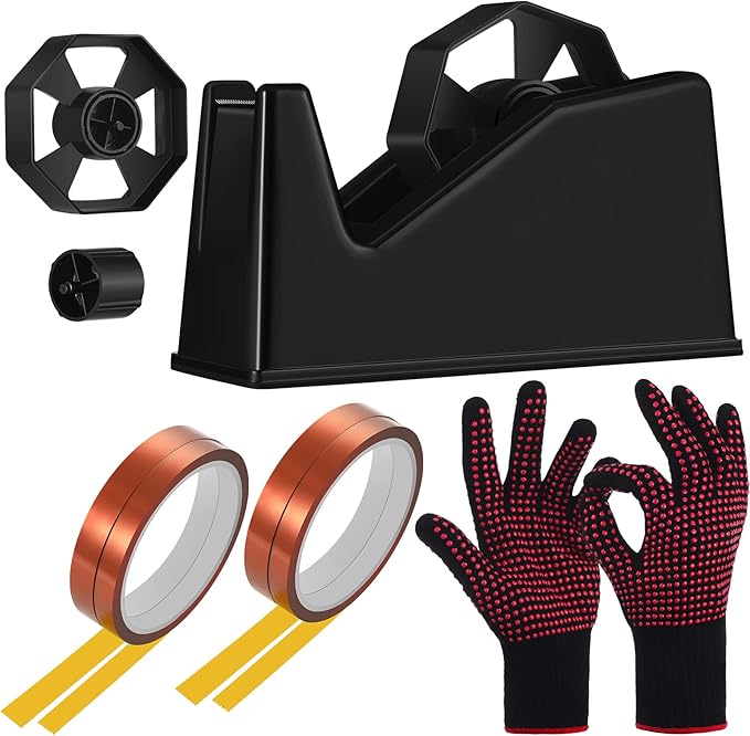 7 Pcs Heat Tape Dispenser Sublimation Set Tape Roll Dispenser with Weighted Nonskid Base and 4 Pieces Heat Transfer Tapes 2 Pieces Heat Resistant Gloves Heat Resistant Silicone Gloves (Black)
