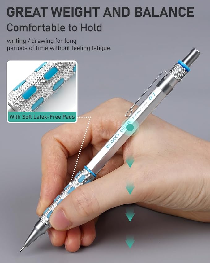 Nicpro Blocky Gear Metal Mechanical Pencil Set with Leather Case, 40PCS Art Drafting Pencil 0.5, 0.7, 0.9 & 2mm Lead Pencil with 352PCS (HB 2H 4H 2B 4B 6B Color) Lead Refills for Sketching Drawing