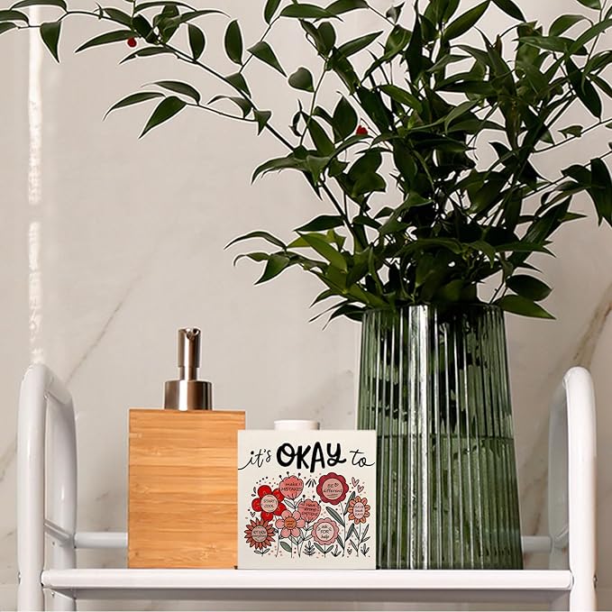 Boho Floral Mental Health Wooden Sign - Therapy Office Must Haves, Self Love Gifts for Women, It's Okay To Inspirational Wood Signs for Therapy Counselor Desk Shelf Tabletop Decor, 5x5 Inches