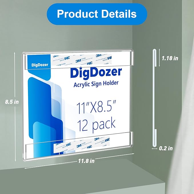 12 Pcs Acrylic Sign Holder 11 x 8.5, Horizontal Wall Mount Sign Holders with Adhesive, Clear Plastic Frames Paper Display Sign Holders for Office, Home, Store, Restaurant - No Drilling