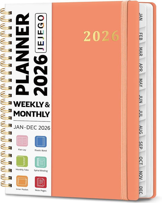 2026 Planner, Weekly and Monthly Calendar Planner Book, January 2026 - December 2026, Hardcover Spiral Planner with Monthly Tabs, Notes Pages, Perfect for Women & Men, A5 (6.4" x 8.5") - Coral