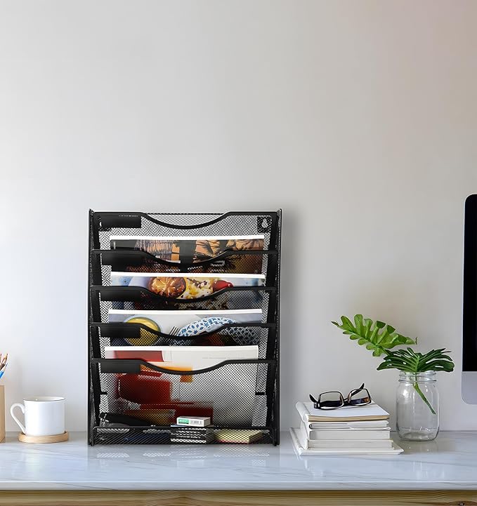 EasyPAG 5-Tier Wall File Holder, Mesh Hanging Folder Organizer with Classify Label, Versatile Desk File Organizer for Office Home , Vertical Wall Mounted Mail Paper Sorter, Easy Assembly, 2 Pack Black