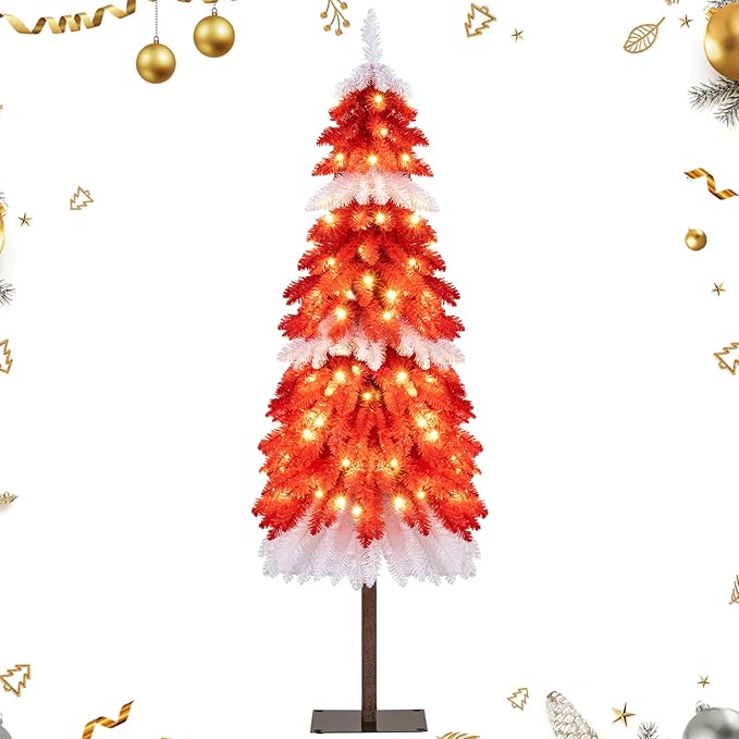 Happygrill 5 FT Artificial Christmas Tree, Candy Cane Xmas Tree with 301 Branch Tips, 100 Warm White LED Lights & Metal Base, Holiday Decoration Tree for Party Carnival