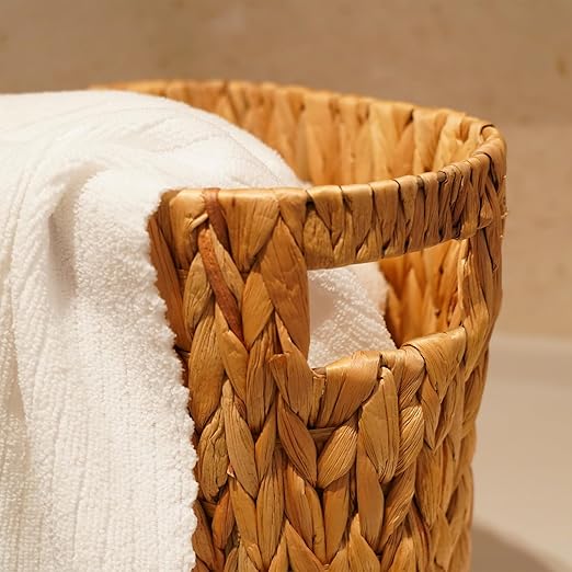PINXIURY Bathroom Wicker Trash Can Handwoven Wicker Waste Basket with Built-in Handles Water Hyacinth Garbage Can for Bedroom Office Kitchen 100% Handmade 13" L x 7.5" W x 12.2" H, 3.2 Gallon