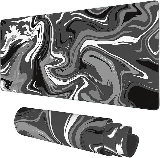 Desk Mat, Abstract Black White Ink Liquid Waves Extended Gaming Mouse Pad Large, 35.4"x15.7" Big Mouse Pad with Non-Slip Base and Stitched Edge, Long Computer Keyboard Mouse Mat for Home Office Work