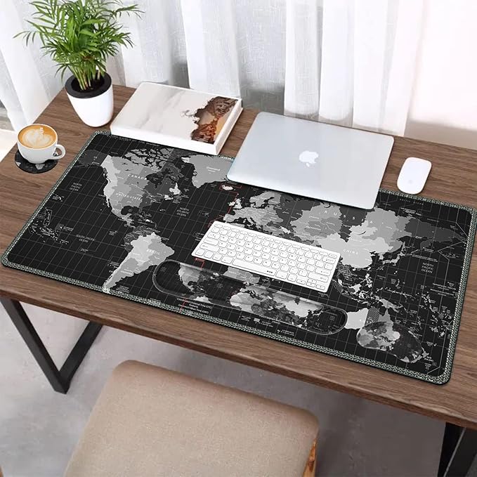 AIMSA Large Gaming Mouse Pad Set, Keyboard Wrist Rest Support Mouse Pad, Ergonomic Memory Foam Multifunctional Extended Desk Mat 35x15.7in Anti-Slip Rubber Base for Office Home, Black World Map