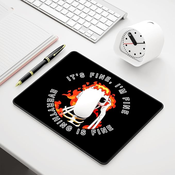 Auhoahsil Mouse Pad, 12 x 10 in Cute Skull Theme Computer Mouse Pad for Desk, Premium-Textured Non-Slip Rubber Stitched Edges Waterproof Square Mouse Mat for Gaming Work Wireless Mice, I am fine