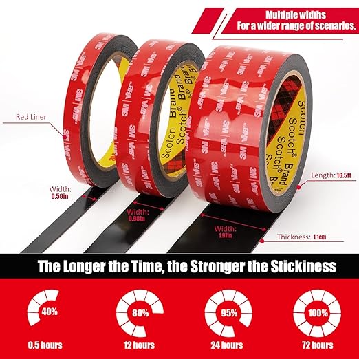 3M Double Sided Tape Heavy Duty, Waterproof Mounting Foam Tape, 16.5ft Length, 2.56in Width, High Temperature Resistant Adhesive Tape for Car, LED Strip Light, Office Decor, Made of 3M VHB Tape.