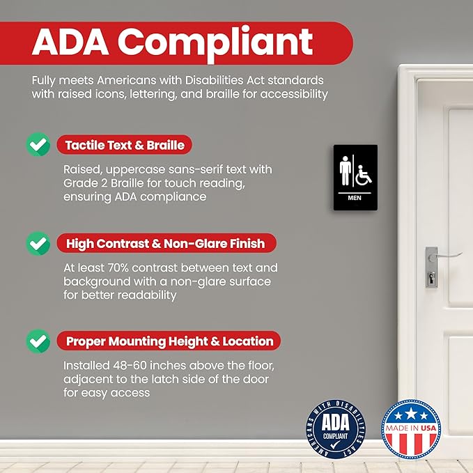 Promot Men and Women Handicap Restroom Sign – ADA Braille Bathroom Sign for Business, Self-Adhesive, 9" x 6", Commercial Door Signage, Office Wall Decor - Black