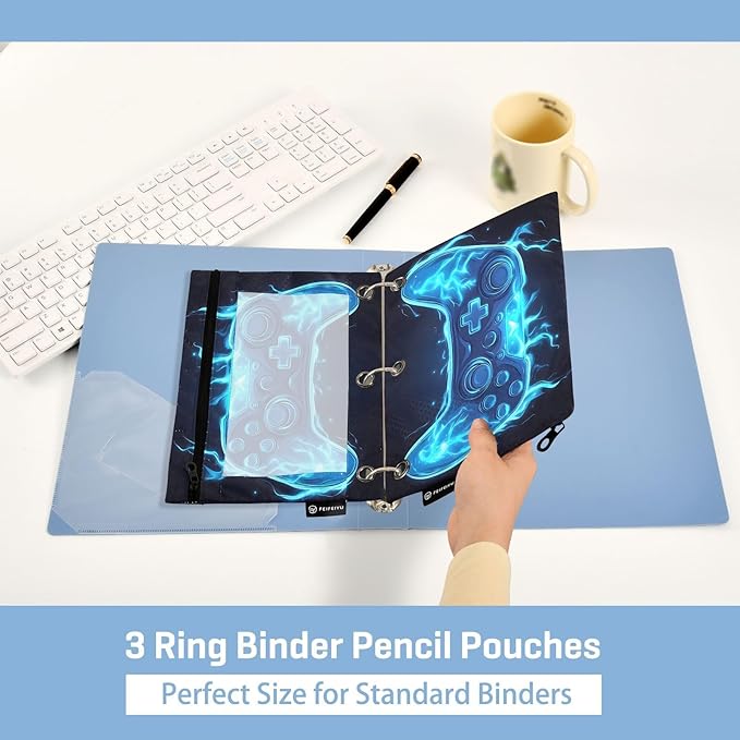 Joystick Gamepad Blue Flame Pencil Pouch for 3 Ring Binder, 2 Pack Waterproof Pencil Bags Clear Window Zipper School Office Supplies