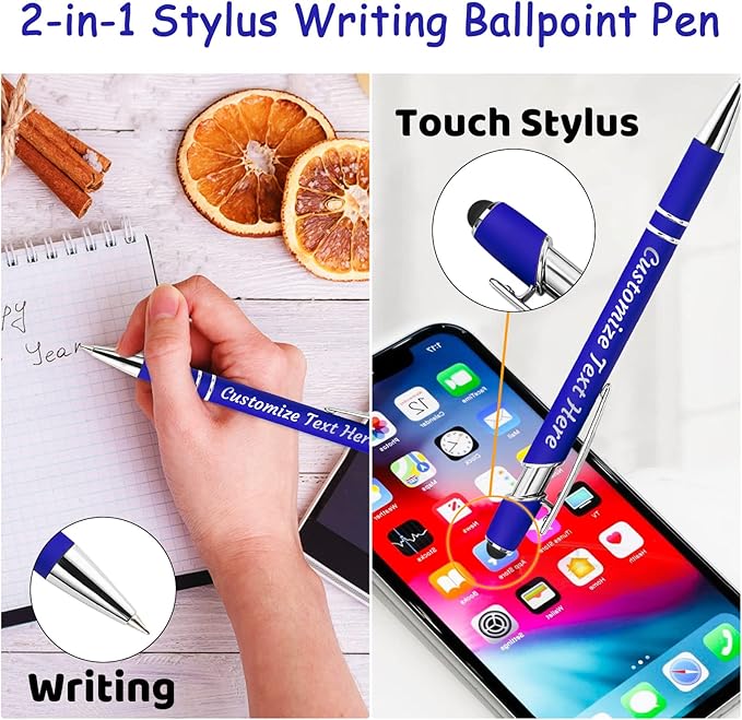 Personalized Pens Bulk 30 with Name Custom Engraving Ballpoint Pens with Stylus Tip Customized Smooth Writing Pens Personalized Gifts for Anniversary Birthday or Graduation(Blue,Black Ink)