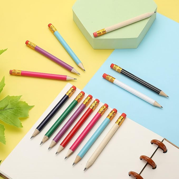 MECCANIXITY Golf Pencils with Erasers, 4" HB Mini Half Pencils Pre Sharpened Small Pens for Wedding Bridal Shower Game Office Writing Drawing(Wood Color/Red, Pack of 50)