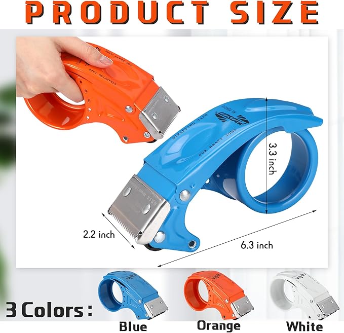 6 Pcs 2 Inch Packing Tape Dispenser Gun Heavy Duty Metal Tape Gun for Packing Boxes Wide Tape Gun for Handheld Sealing Cutter Warehouse Tools, White, Orange, Blue