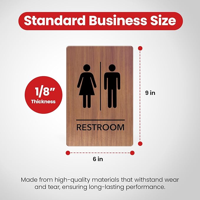 Promot Unisex Bathroom Sign – ADA Braille Restroom Sign for Business, Self-Adhesive, 9" x 6", Commercial Door Signage, Office Wall Decor - Chestnut