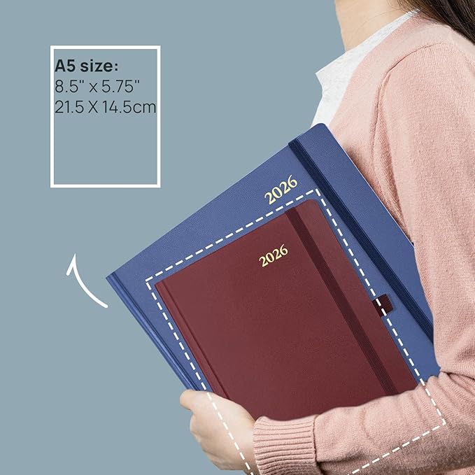 POPRUN 2026 Daily Planner One Page Per Day A5 Size Calendar (5.75" x 8.5") - 12 Months Hourly Appointment Book with Hardcover, Pocket, Pen Holder - Haze Blue