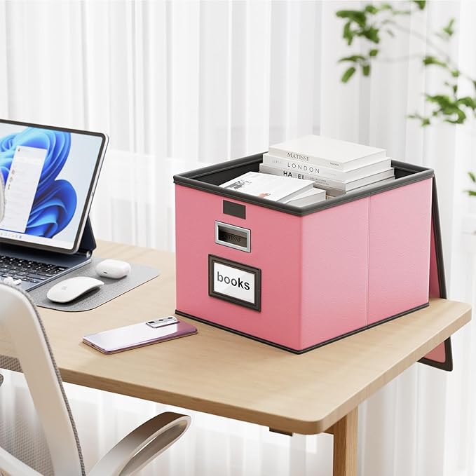 Huolewa File Organizer Box with Lid, Collapsible Leather File Folder Organizer for Office Document Storage, Filing Box with Plastic Slide for Letter/Legal Size Hanging Files, Pink