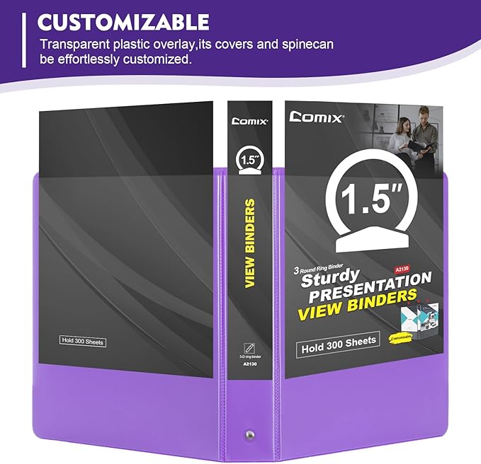 COMIX 3 Ring Binder 1.5 inch with Clear View Cover, 1.5" View Binder Holds 300 Sheets of US Letter Size Paper, 6 Pack (Purple)