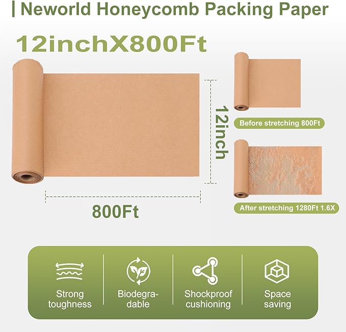 Neworld Honeycomb Packing Paper,12" x 800' Eco Friendly Bubble Cushioning Wrap for Moving,Products & Gifts Wrapping Paper,Recyclable Cushioning Packing Material With 20 Fragile Sticker Labels