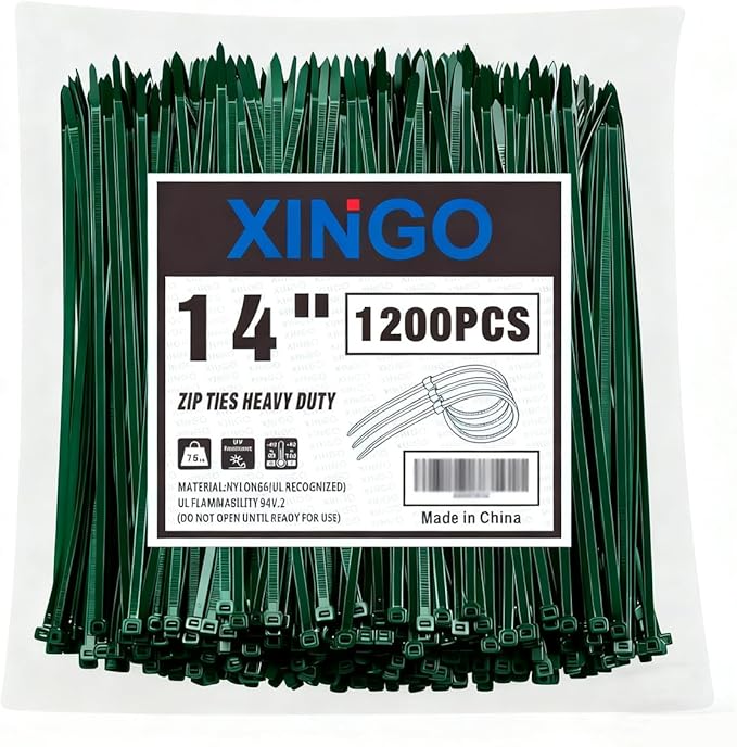 XINGO 14 Inch Garden Green Zip Ties 1200 PCS, 75 LBS Ultra Strong Tensile Strength, UV Resistant Cable Ties, Self-locking Plastic Ties for Indoor and Outdoor Use