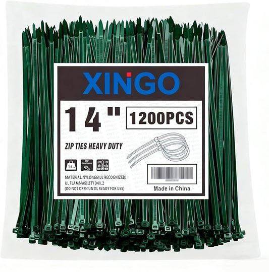 XINGO 14 Inch Garden Green Zip Ties 1200 PCS, 75 LBS Ultra Strong Tensile Strength, UV Resistant Cable Ties, Self-locking Plastic Ties for Indoor and Outdoor Use