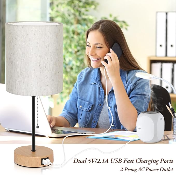 Table Lamps Set of 2 with USB Charging Ports, Bedside Lamps with AC Outlet, Nightstand Lamps with Pull Chain Switch, Minimalist Modern Desk Lamps with Flaxen Shade for Living Room Bedroom Office
