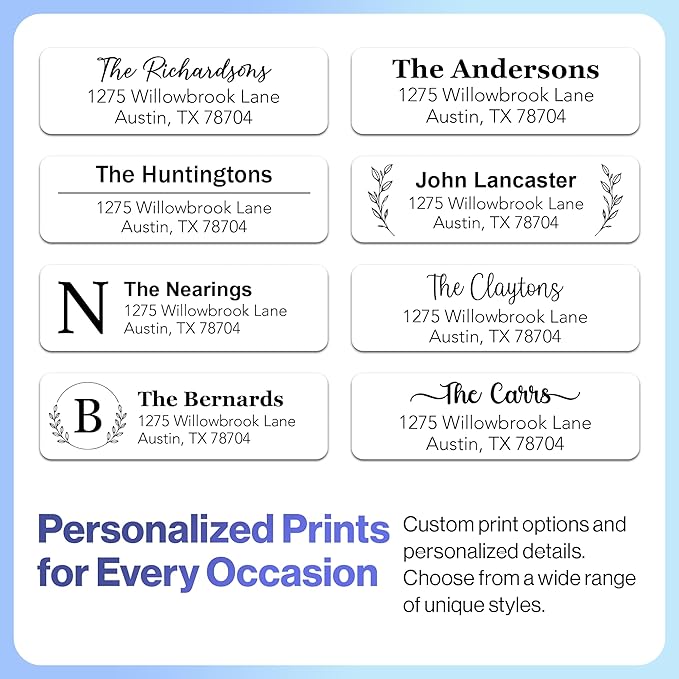 200 Personalized Address Labels - Glossy White Return Address Label 2.5" x 0.75'', Stylish Fonts for Envelopes & Packages, Customizable Labels for Home or Office Use