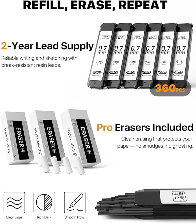 Four Candies Metal Mechanical Pencil Set - 3PCS 0.7mm Art Mechanical Pencils & 360PCS HB Lead Refills & 3PCS Erasers & 9PCS Eraser Refills, Drawing Mechanical Pencils for Writing, Sketching-With Case