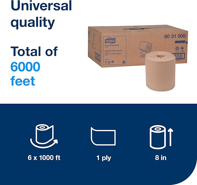 Tork Hand Towel Roll, Natural, Universal, H80, Extra Large, 100% Recycled, 1-Ply, 6 Rolls x 1000 ft, 8031000