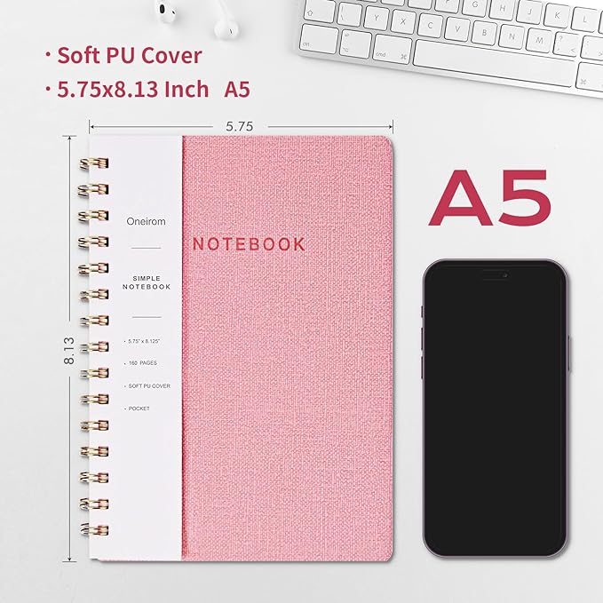 Spiral Notebook, Pink Notebook-6.1x8.2 Inch College Ruled Journal with Inner Pockets and 160 Pages, PU Leather Cover Business Journal, Twin-Wire Binding Notebook Perfect for Office & Home