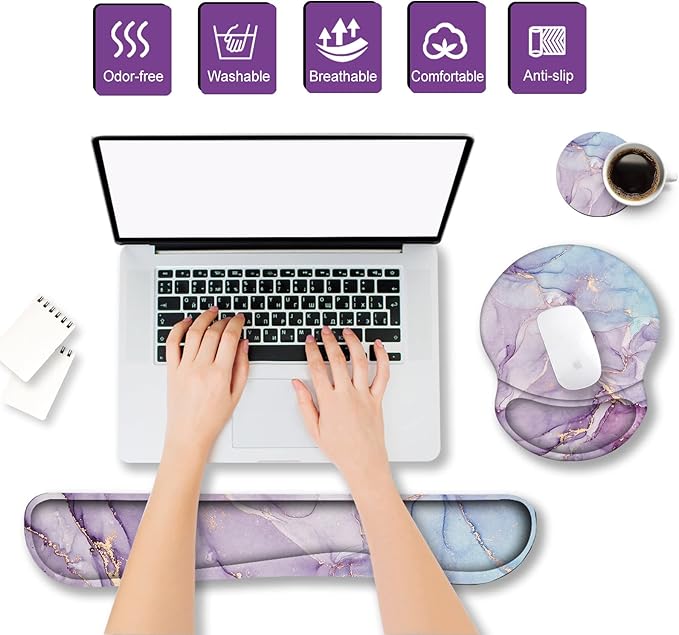 ArtSo Mouse Pad Keyboard Wrist Rest Support Ergonomic, Upgraded Cushion Mousepad Gel Memory Foam Non-Slip Rubber Base Pain Relief & Easy Typing for Home,Office, Purple Blue Marble