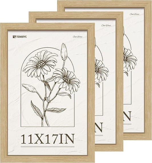 11x17 Picture Frame 3 Pack, Natural Oak Wood Poster Frame, HD Tempered Glass, Wall Hanging