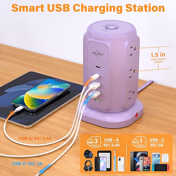 AiJoy Power Strip Tower with 9 Outlets and 5 USB Ports (2 USB C), 1200J Surge Protection, 1625W Flat Plug Extension Cord with Multiple Outlets Extender for Dorm Home Office Supplies, Purple