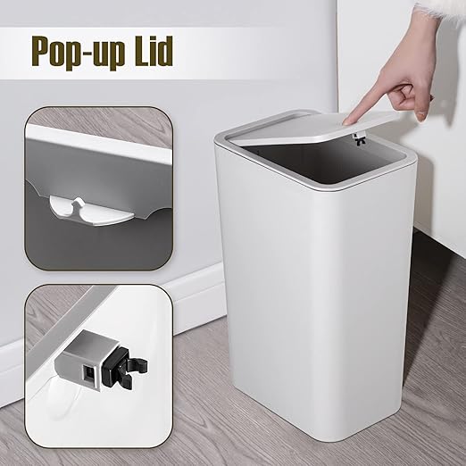 TrashAid Bathroom Trash Can with Lid, 2.6 Gallon / 10 Liter Small Garbage Can with Press Top Lid, Plastic Wastebasket with Pop-up Lids for Toilet, Office, Bedroom, Living Room, Grey