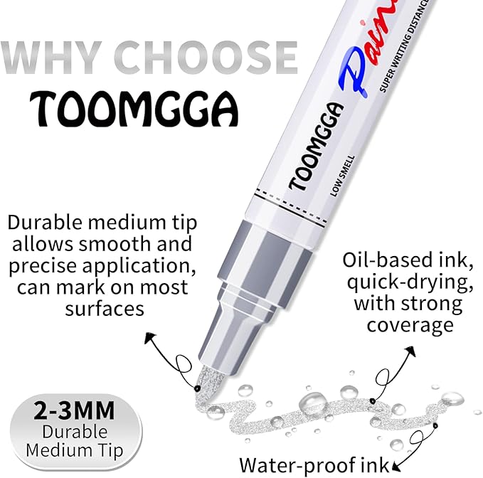 Silver Paint Pens Paint Markers - 12 Pack Permanent Markers Oil Based for Metal Wood, Pens for Metal, Car Tyre, Wood, Plastic, Rock Painting, Glass, Craft Supplies, Waterproof