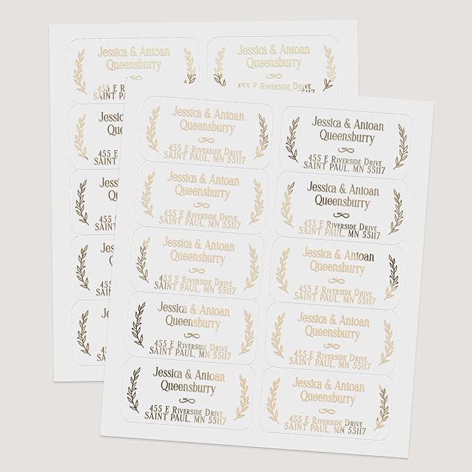 150 Personalized Return Address Labels with Laurel Design, Clear or White Custom Printed Address Stickers with Names & Address – Black, Gold, Rose Gold, Silver Text