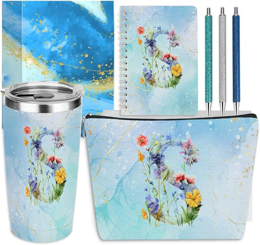 Personalized Gifts for Women Monogrammed Birthday Gifts for Women, Wife Girlfriend Christmas, Initial 20 oz Tumbler, Makeup Cosmetic Bag Cup Pens Journal Notebook 6 Set, (Aesthetic Blue Flower S)