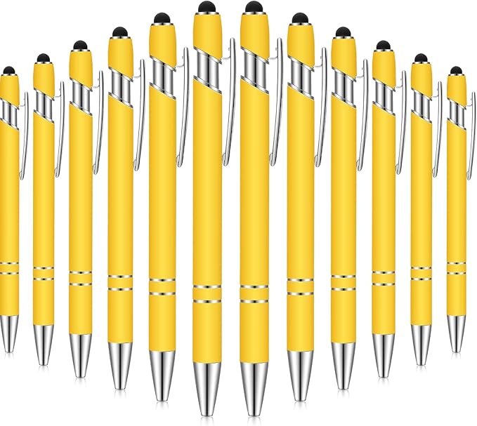 12 Pieces Ballpoint Pen with Stylus Tip, 1.0 mm Black Ink Metal Pen Stylus Pen for Touch Screens, 2 in 1 Stylus Ballpoint Pen (Yellow and Silver)