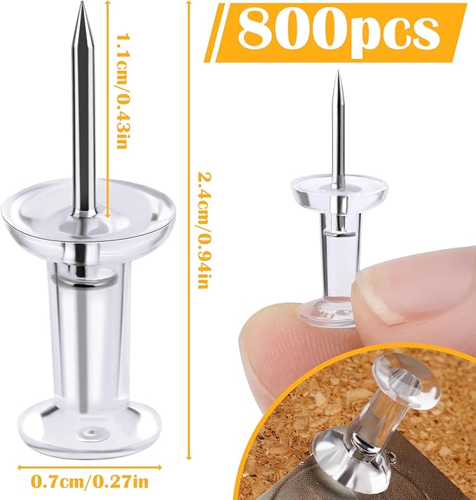 800 Pack Push Pins for Bulletin Board, Push Pins Tacks, Thumb Tacks with Clear Plastic Head and Steel Point, Clear Push Pins for Wall Hanging, Cork Board, Calendar, Photo, Home, Office, Craft Projects