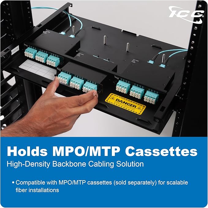 ICC 1U Fiber Optic Rack Mount Enclosure - 3 Slots for LGX Compatible Adapter Panels or Cassettes, Supports up to 72 Fibers, Fits 19-Inch Racks, Secure Fiber Management Solution, ICFORE31RM