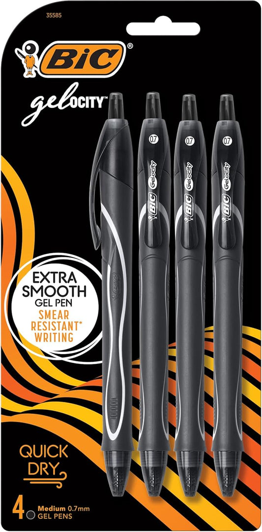 BIC Gelocity Quick Dry Black Gel Pens, Medium Point (0.7mm), 4-Count Pack, Retractable Gel Pens With Comfortable Full Grip