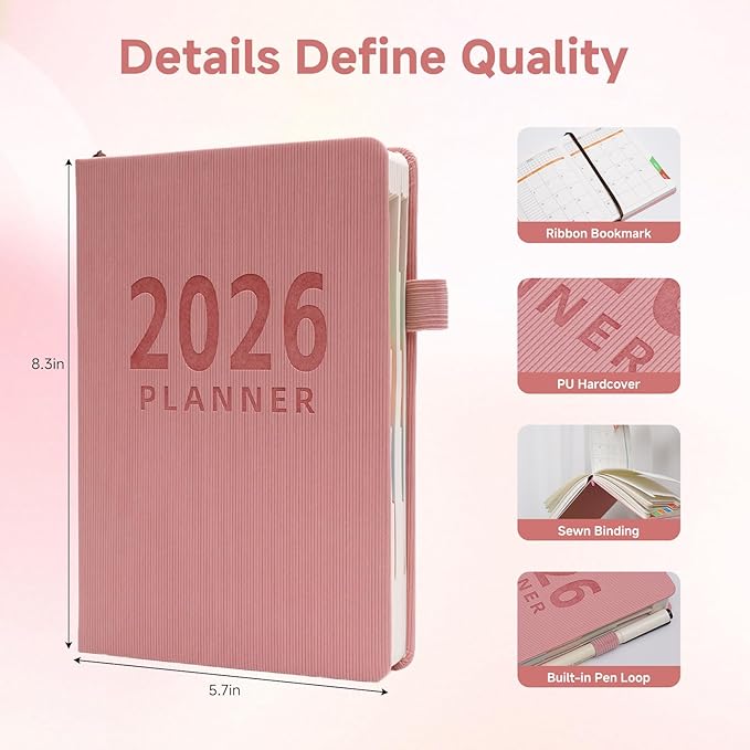 Picoway 2026 Planner A5 400 Pages - Weekly and Monthly Daily Calendar with Thick Paper, One Full Page Per Day Planners from Jan. 2026 - Dec. 2026, Hardcover Notebook ，8.3" x 5.7" (Pink)